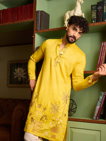 Men's Mustard Yellow Embroidered Kurta & Off-White Pant Set