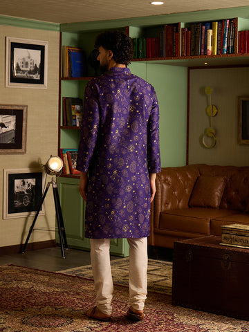 Royal Purple & Gold Printed Men's Kurta with Cream Pants Set