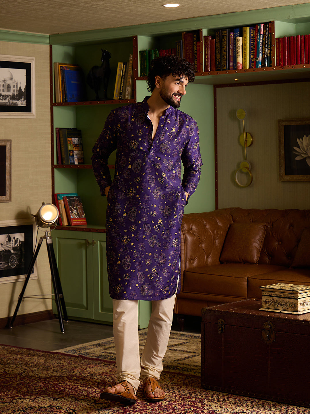 Royal Purple & Gold Printed Men's Kurta with Cream Pants Set