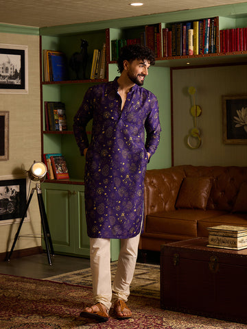 Royal Purple & Gold Printed Men's Kurta with Cream Pants Set