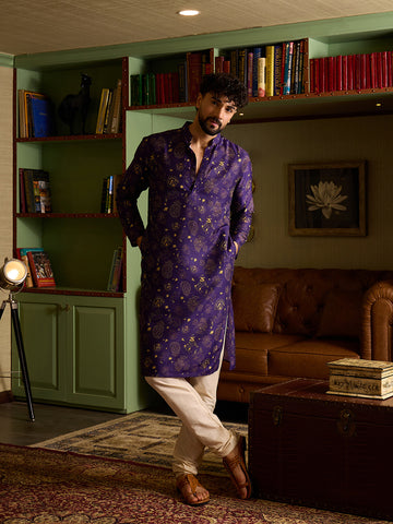 Royal Purple & Gold Printed Men's Kurta with Cream Pants Set