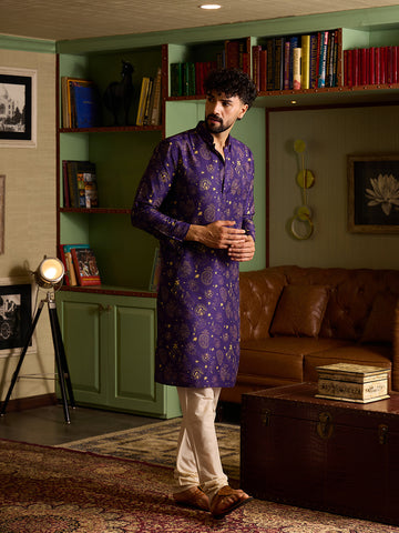 Royal Purple & Gold Printed Men's Kurta with Cream Pants Set