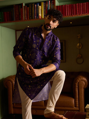Royal Purple & Gold Printed Men's Kurta with Cream Pants Set
