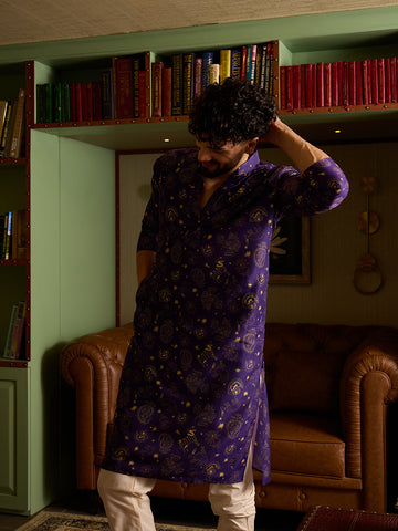 Royal Purple & Gold Printed Men's Kurta with Cream Pants Set