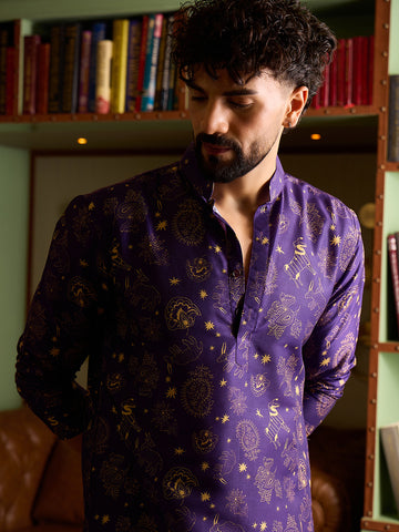 Royal Purple & Gold Printed Men's Kurta with Cream Pants Set