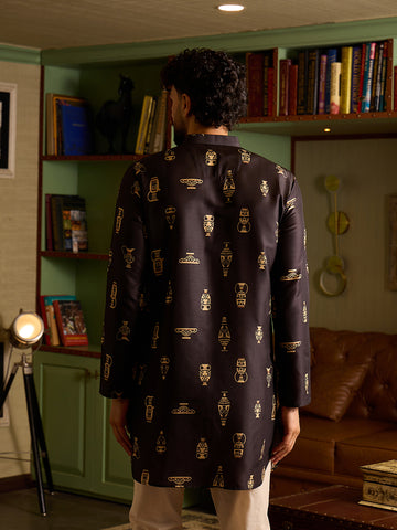 Men's Black & Gold Motif Printed Kurta with Off-White Pants Set