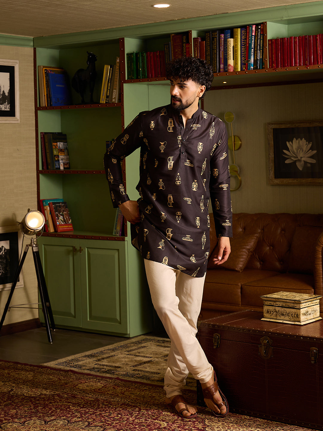 Men's Black & Gold Motif Printed Kurta with Off-White Pants Set