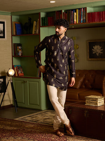 Men's Black & Gold Motif Printed Kurta with Off-White Pants Set
