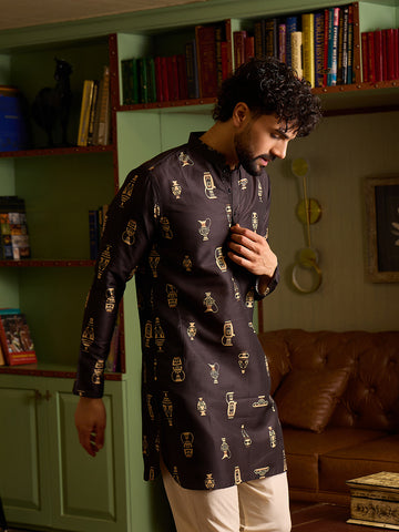 Men's Black & Gold Motif Printed Kurta with Off-White Pants Set