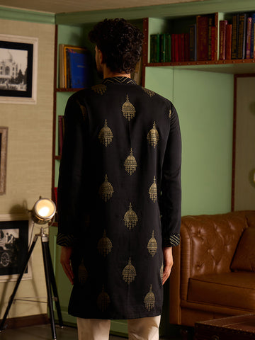 Men's Black & Gold Printed Kurta with Off-White Pant Set