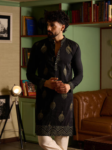 Men's Black & Gold Printed Kurta with Off-White Pant Set