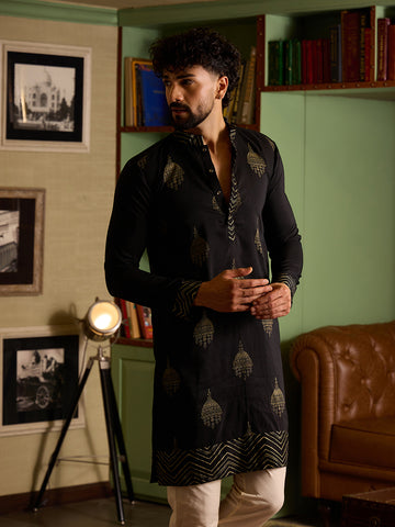 Men's Black & Gold Printed Kurta with Off-White Pant Set