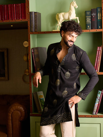 Men's Black & Gold Printed Kurta with Off-White Pant Set