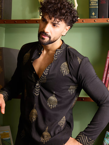 Men's Black & Gold Printed Kurta with Off-White Pant Set