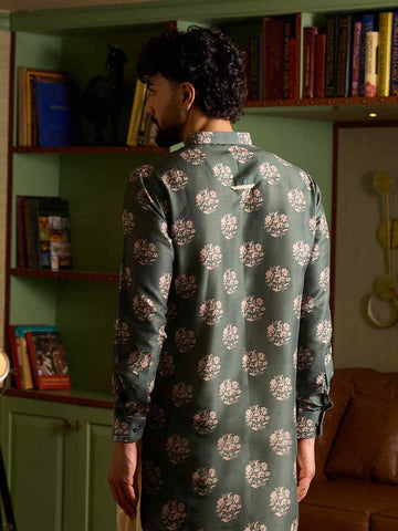 Men's Sage Green Floral Printed Short Kurta