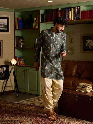 Men's Sage Green Floral Printed Short Kurta