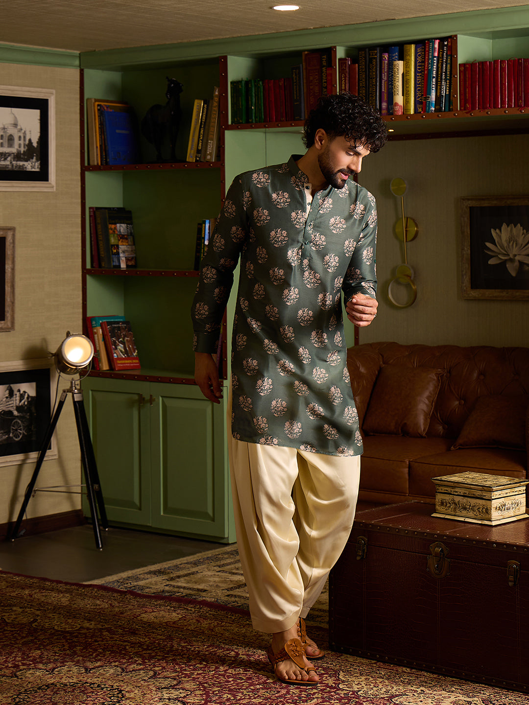 Men's Sage Green Floral Printed Short Kurta with Cream Patiala Salwar Set