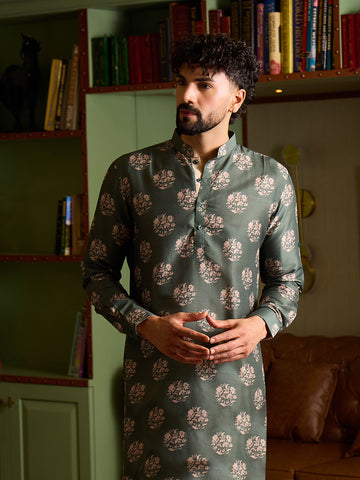 Men's Sage Green Floral Printed Short Kurta with Cream Patiala Salwar Set