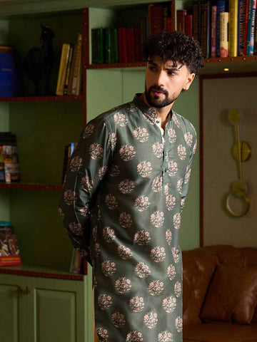 Men's Sage Green Floral Printed Short Kurta