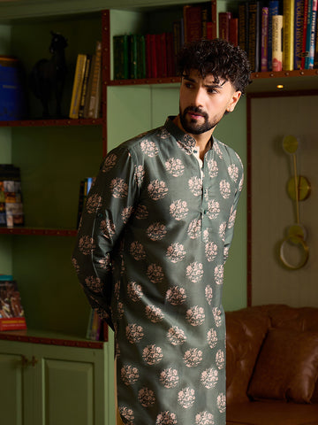 Men's Sage Green Floral Printed Short Kurta with Cream Patiala Salwar Set