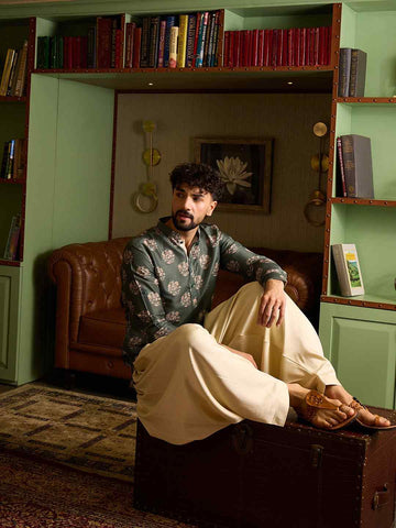 Men's Sage Green Floral Printed Short Kurta
