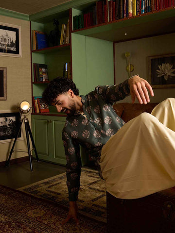 Men's Sage Green Floral Printed Short Kurta
