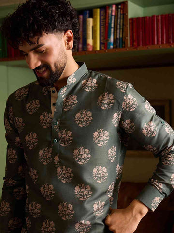 Men's Sage Green Floral Printed Short Kurta