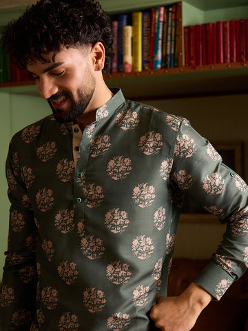 Men's Sage Green Floral Printed Short Kurta with Cream Patiala Salwar Set