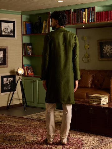 Men's Olive Green Printed Panel Kurta & Off-White Pant Set