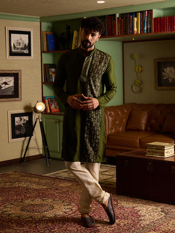 Men's Olive Green Printed Panel Kurta & Off-White Pant Set