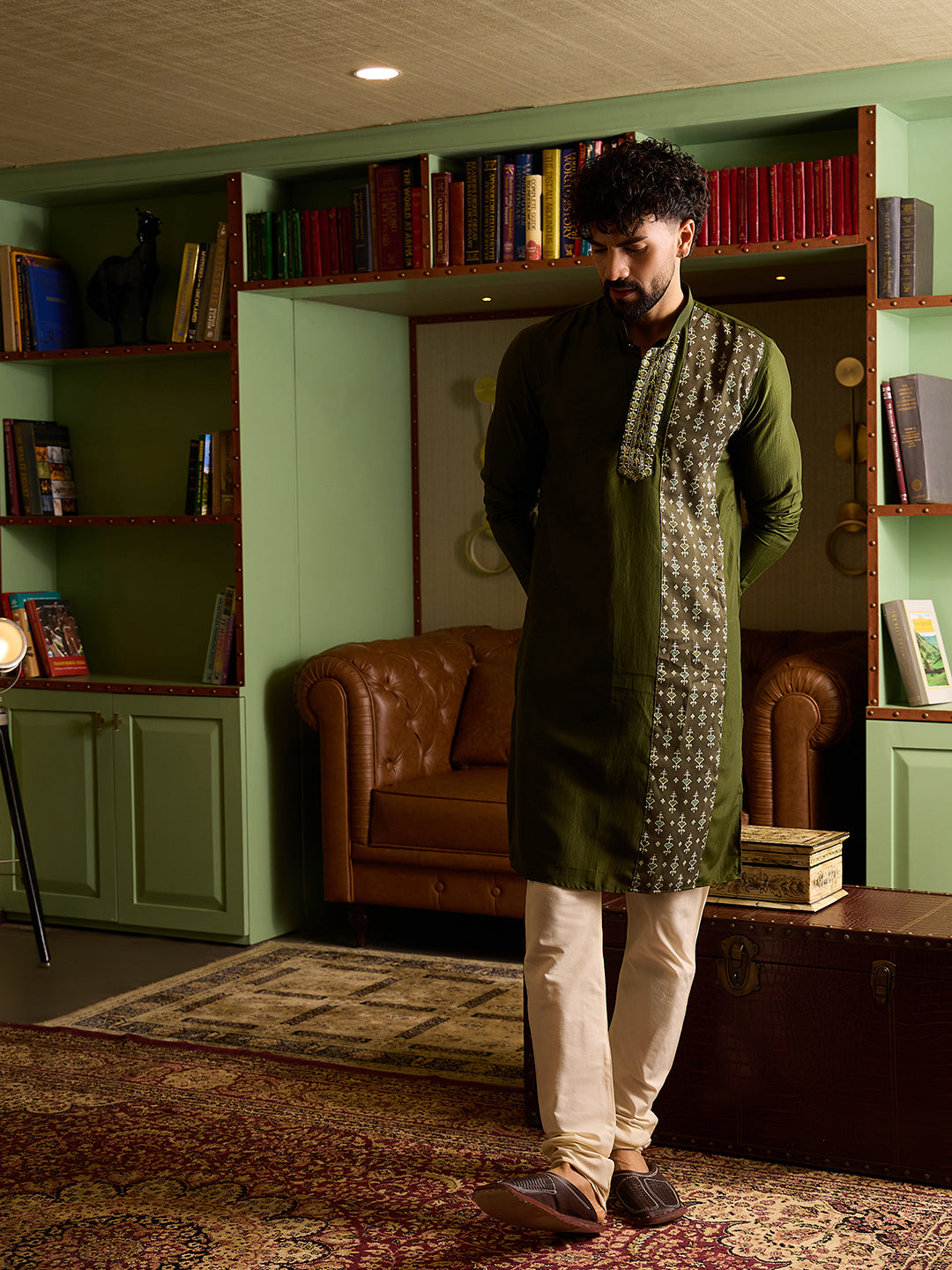 Men's Olive Green Printed Panel Kurta & Off-White Pant Set
