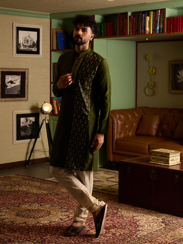 Men's Olive Green Printed Panel Kurta & Off-White Pant Set