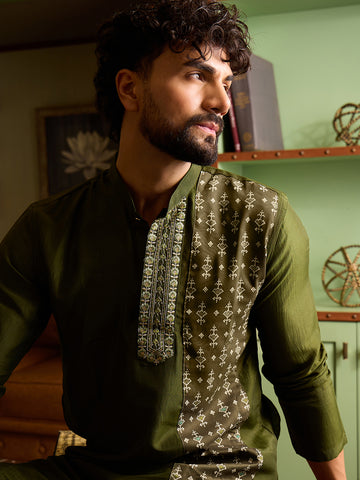 Men's Olive Green Printed Panel Kurta & Off-White Pant Set