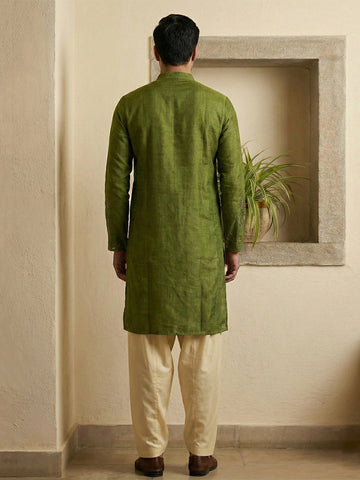 Men's Olive Green Silk Kurta and Cream Patiala Salwar Set