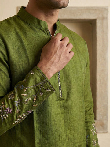 Men's Olive Green Silk Kurta and Cream Patiala Salwar Set