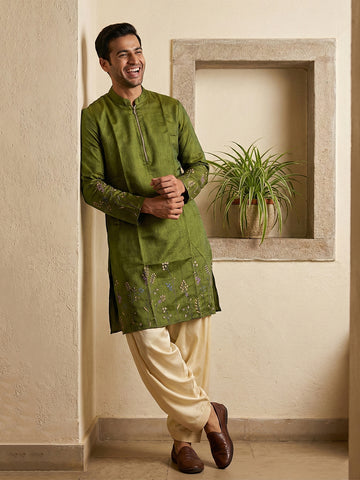 Men's Olive Green Silk Kurta and Cream Patiala Salwar Set