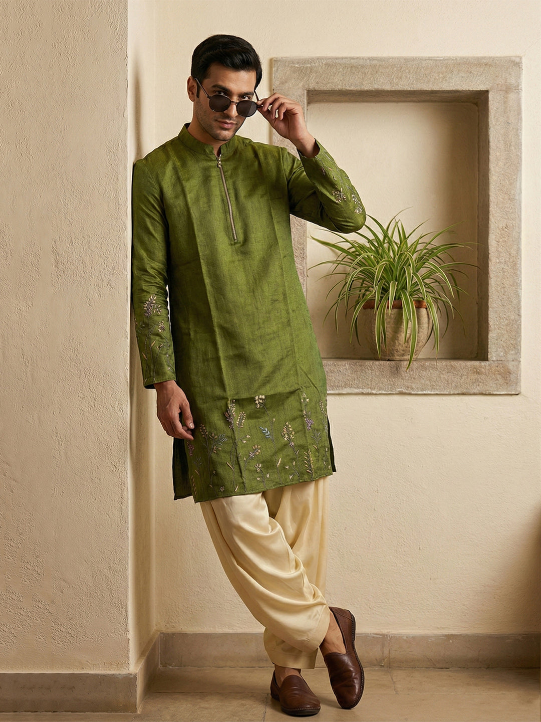 Men's Olive Green Silk Kurta and Cream Patiala Salwar Set