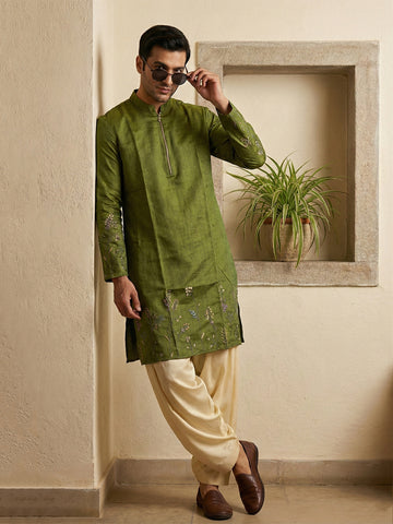 Men's Olive Green Silk Kurta and Cream Patiala Salwar Set