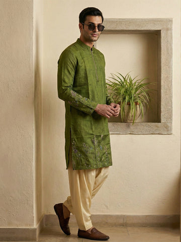 Men's Olive Green Silk Kurta and Cream Patiala Salwar Set