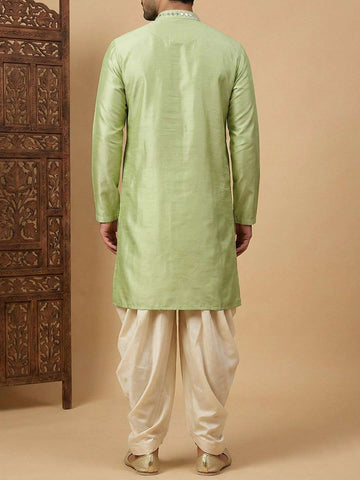 Men's Lime Green Mirror Work Kurta with Cream Patiala Salwar Set
