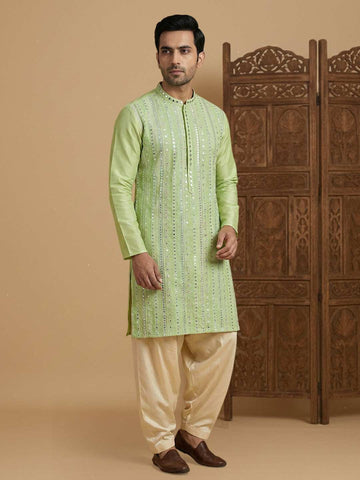Men's Lime Green Mirror Work Kurta with Cream Patiala Salwar Set