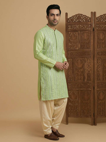Men's Lime Green Mirror Work Kurta with Cream Patiala Salwar Set