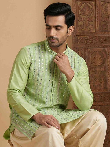 Men's Lime Green Mirror Work Kurta with Cream Patiala Salwar Set