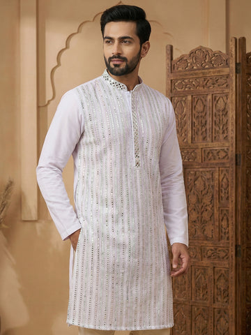 Men's Lavender Chikankari & Mirror Work Kurta with Pant Set