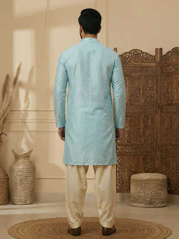 Chhaap Blue Sequence Thread Embroidered With Mirror Work Kurta Set