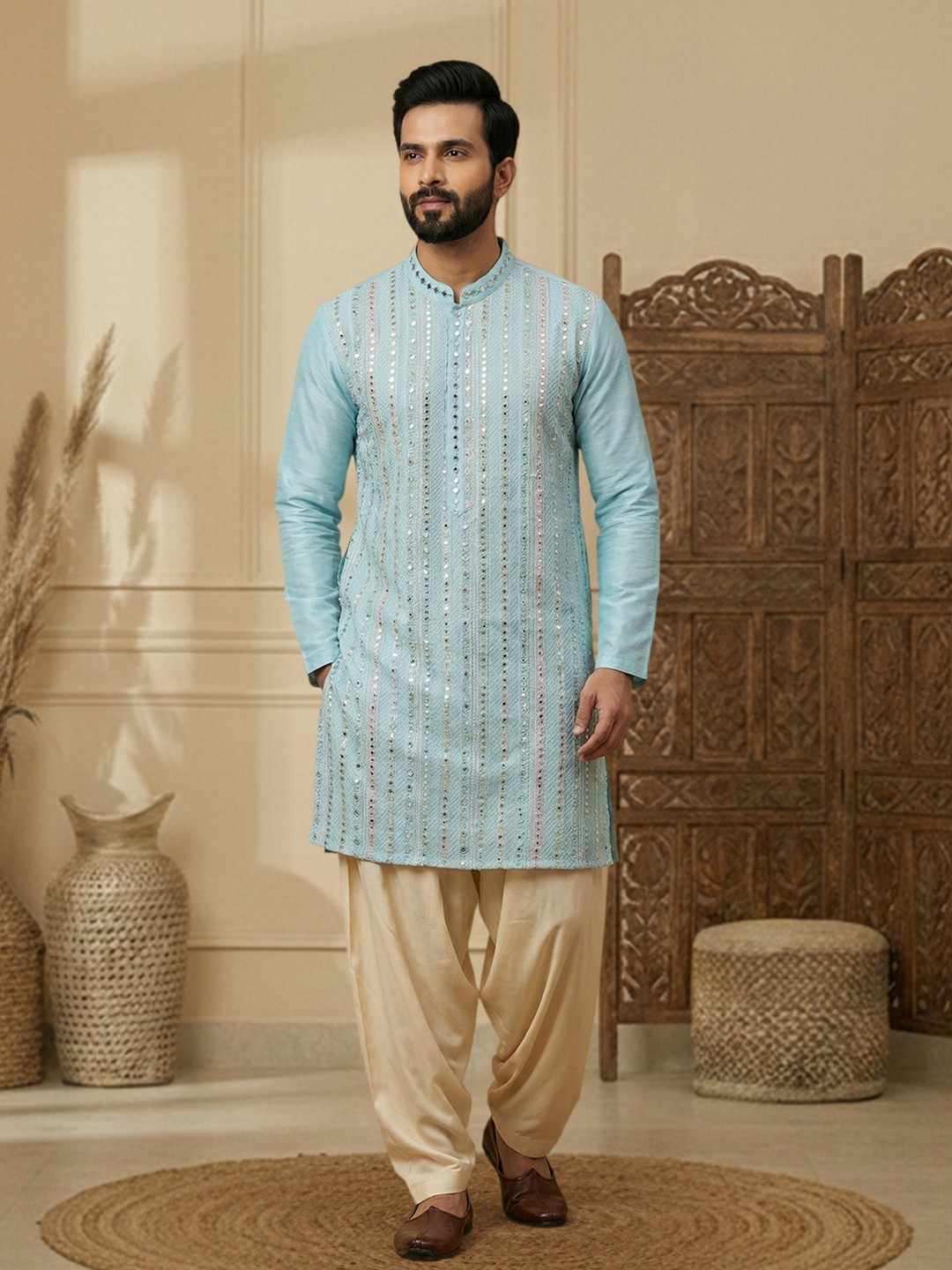 Chhaap Blue Sequence Thread Embroidered With Mirror Work Kurta Set