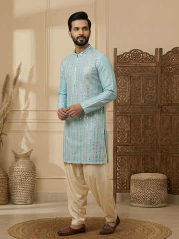 Chhaap Blue Sequence Thread Embroidered With Mirror Work Kurta Set