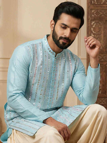 Chhaap Blue Sequence Thread Embroidered With Mirror Work Kurta Set