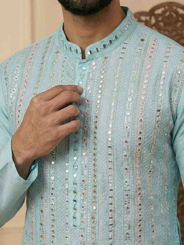 Chhaap Blue Sequence Thread Embroidered With Mirror Work Kurta Set