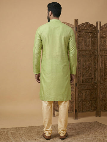 Men's Lime Green Mirror Work Kurta & Cream Patiala Set